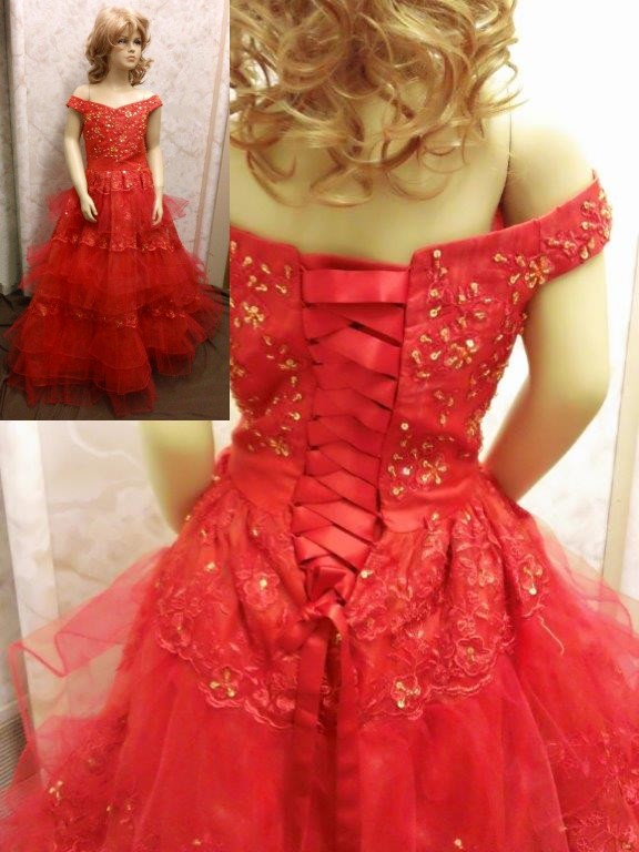 Red off the shoulder dress with ruffle tier floor skirt, and train.  Girls size 10.