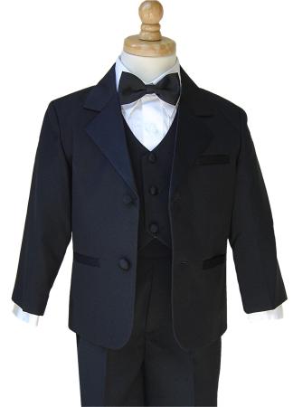  boys black tuxedo, jacket, pants, vest, shirt and bow tie