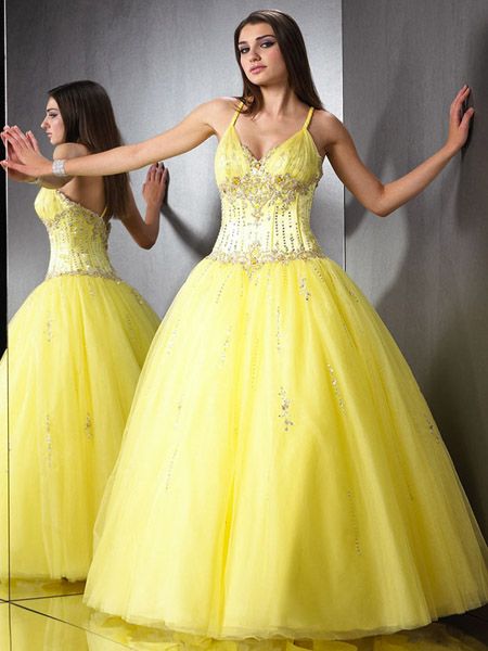 yellow spaghetti strap prom dress