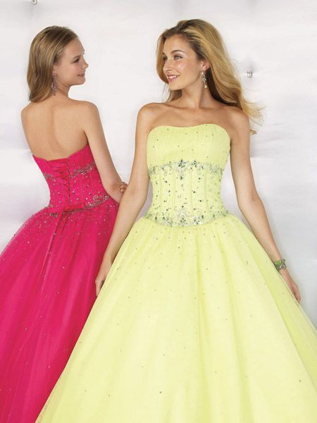 strapless formal in Cerise and Lime