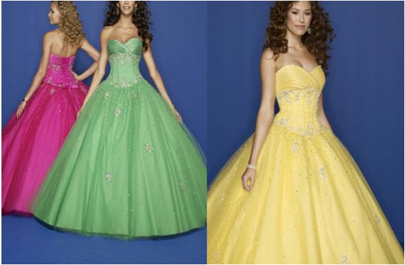 pink lime green yellow strapless prom dress