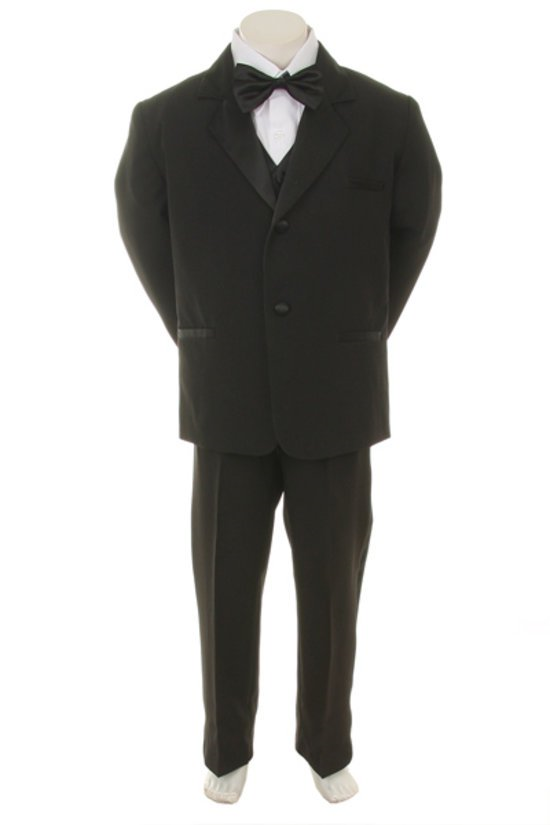 Boys Black 5-piece suit set: jacket, wing tip collar pleated shirt, 3-button vest, pull up pants, and clip on bow tie.