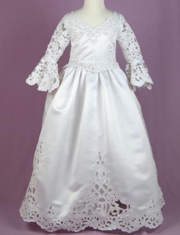 Bell Sleeve flower girl dress with beading detail. Back opens up showing lace from center down to bottom of dress.