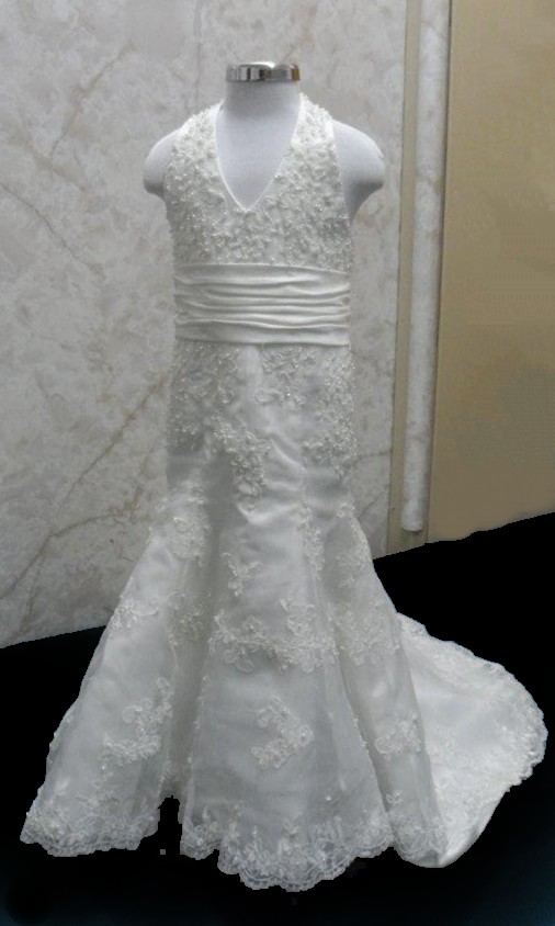 A line halter lace flower girl mini bride gown