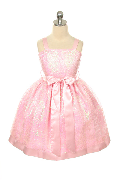 Children's pink sequined embroidered dress with detachable sash.