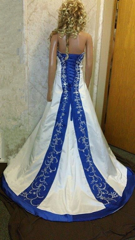 Ivory and Royal Blue wedding dress.