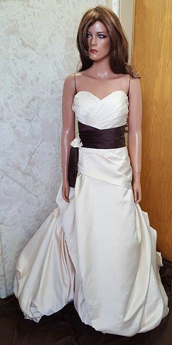 champagne wedding dress with chocolate sash
