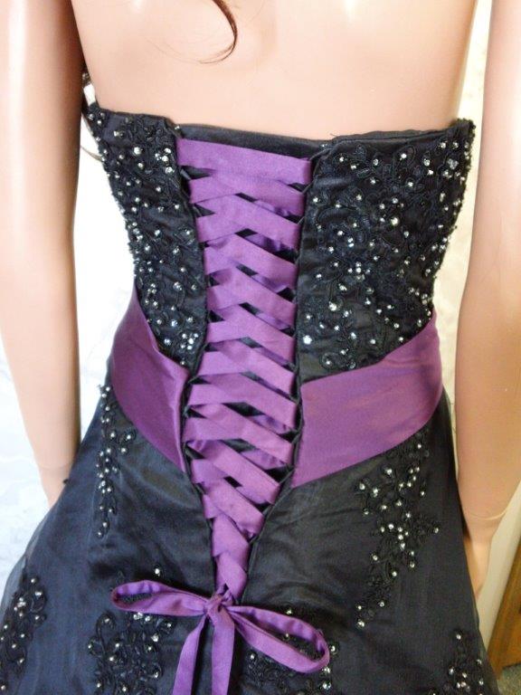 black and grape strapless gown