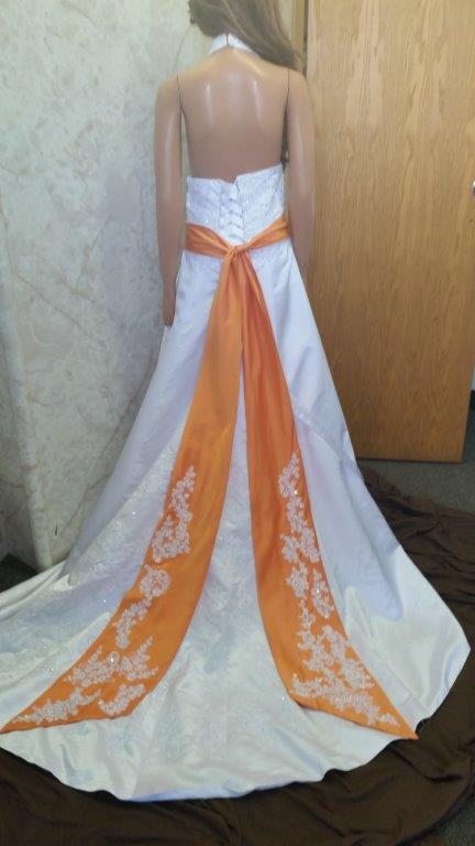 white and tangerine wedding dress