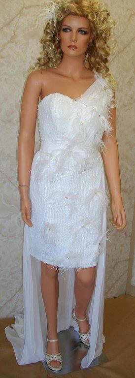 one shoulder sequin and feather dress