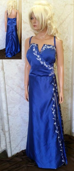 Blue and ivory bridesmaid dress with split front