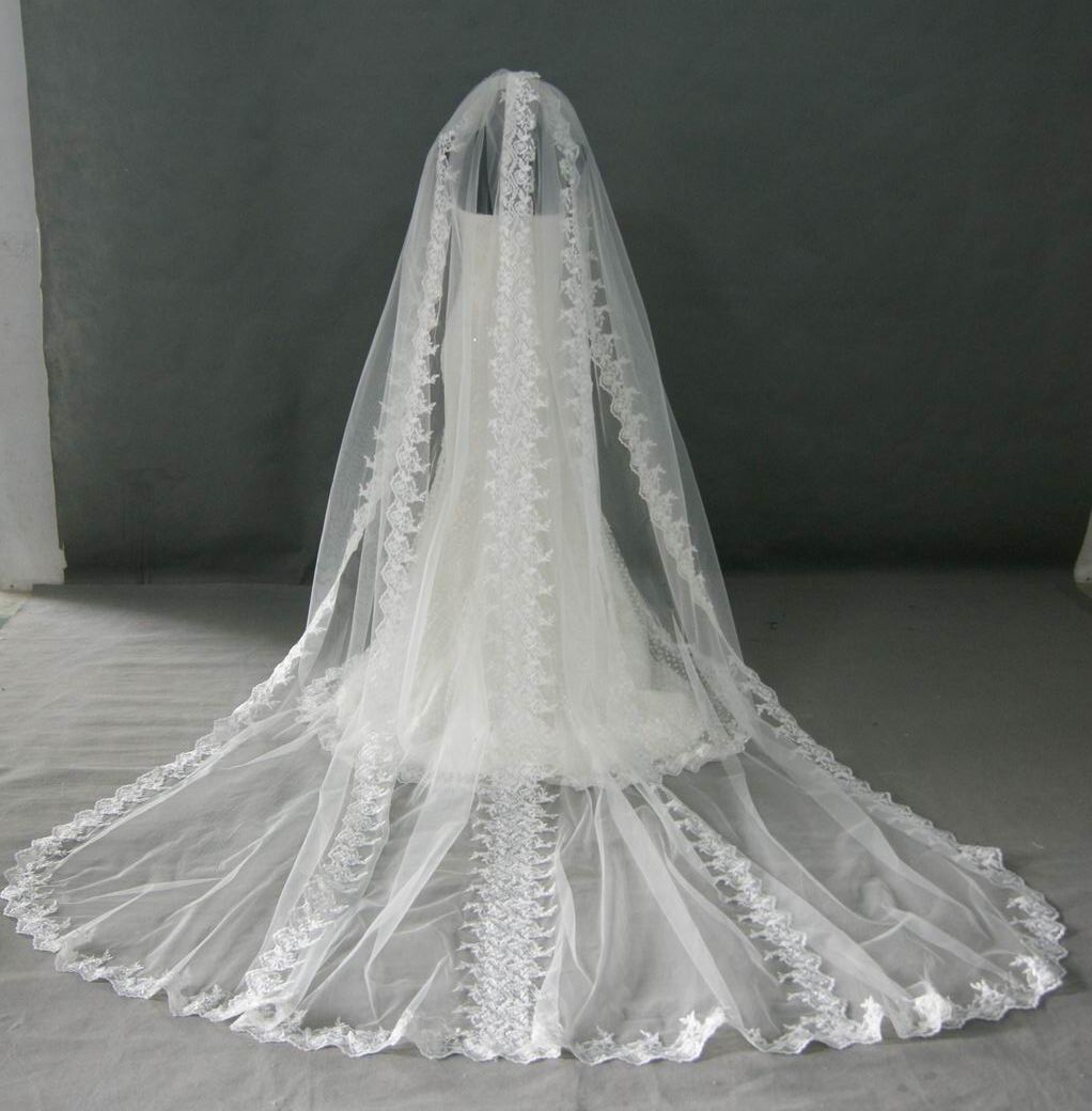 white lace trim cathedral length veil
