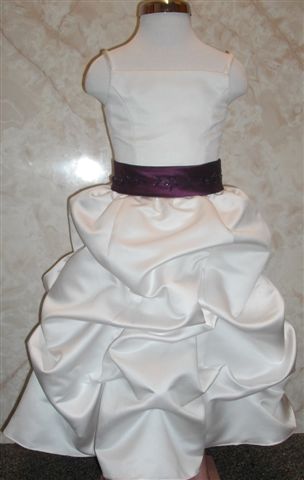White toddler flower girl dress sale, size 2 T. White pick up dress with Wisteria (plum) beaded waistband.  On sale.