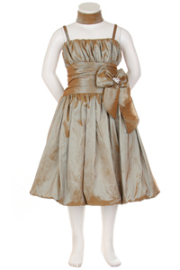 caramel flower girl dress with ruched bubble hem