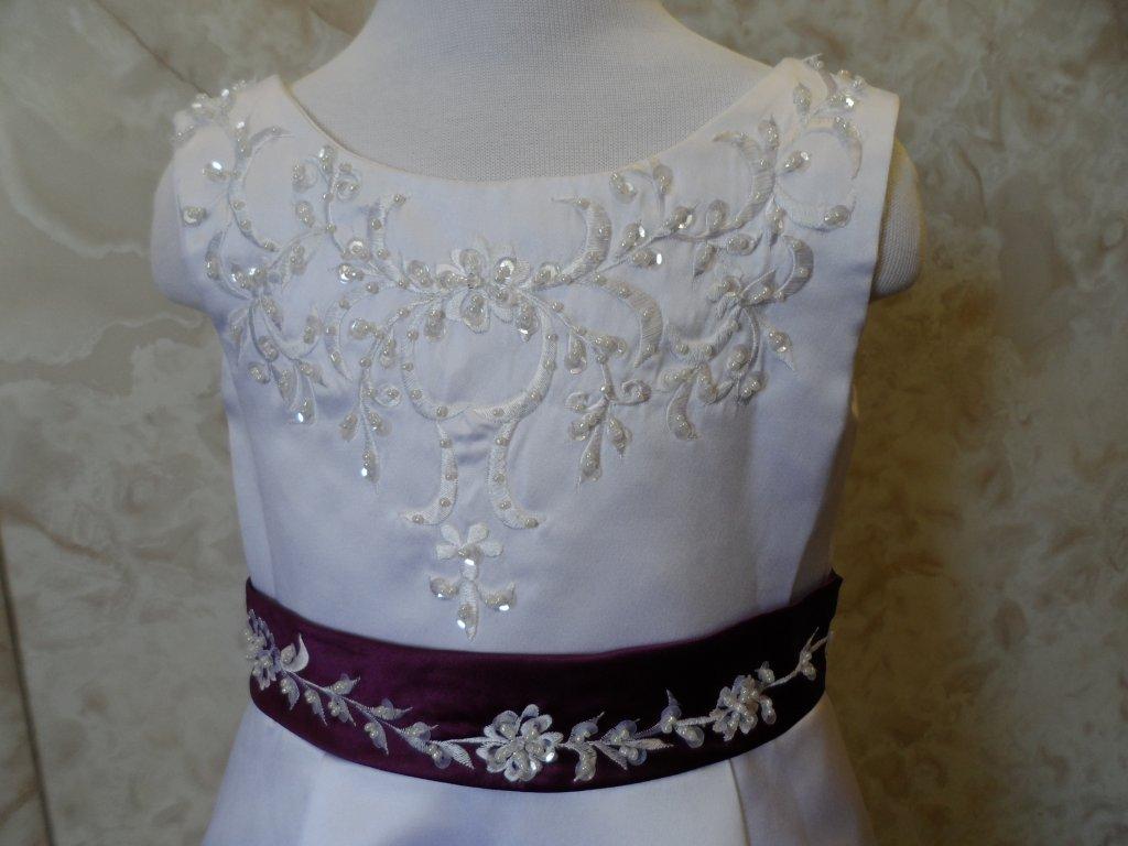 White  embroidered flower girl dress with grape waist band