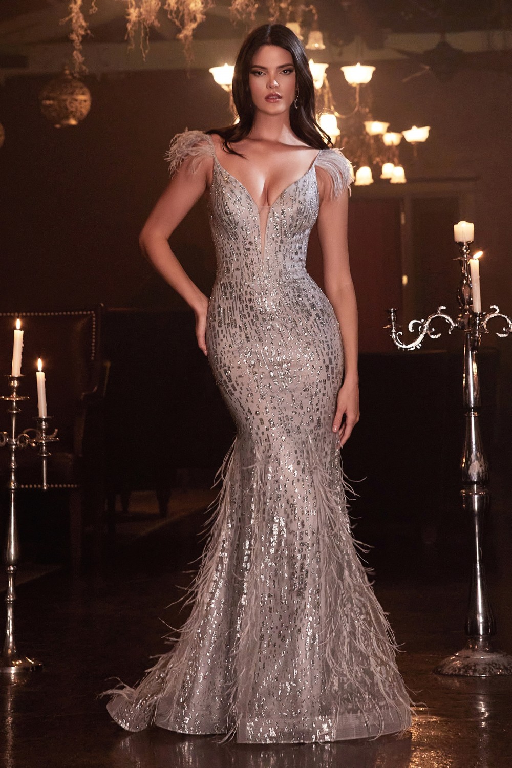 silver glitter mermaid evening gown with feathers