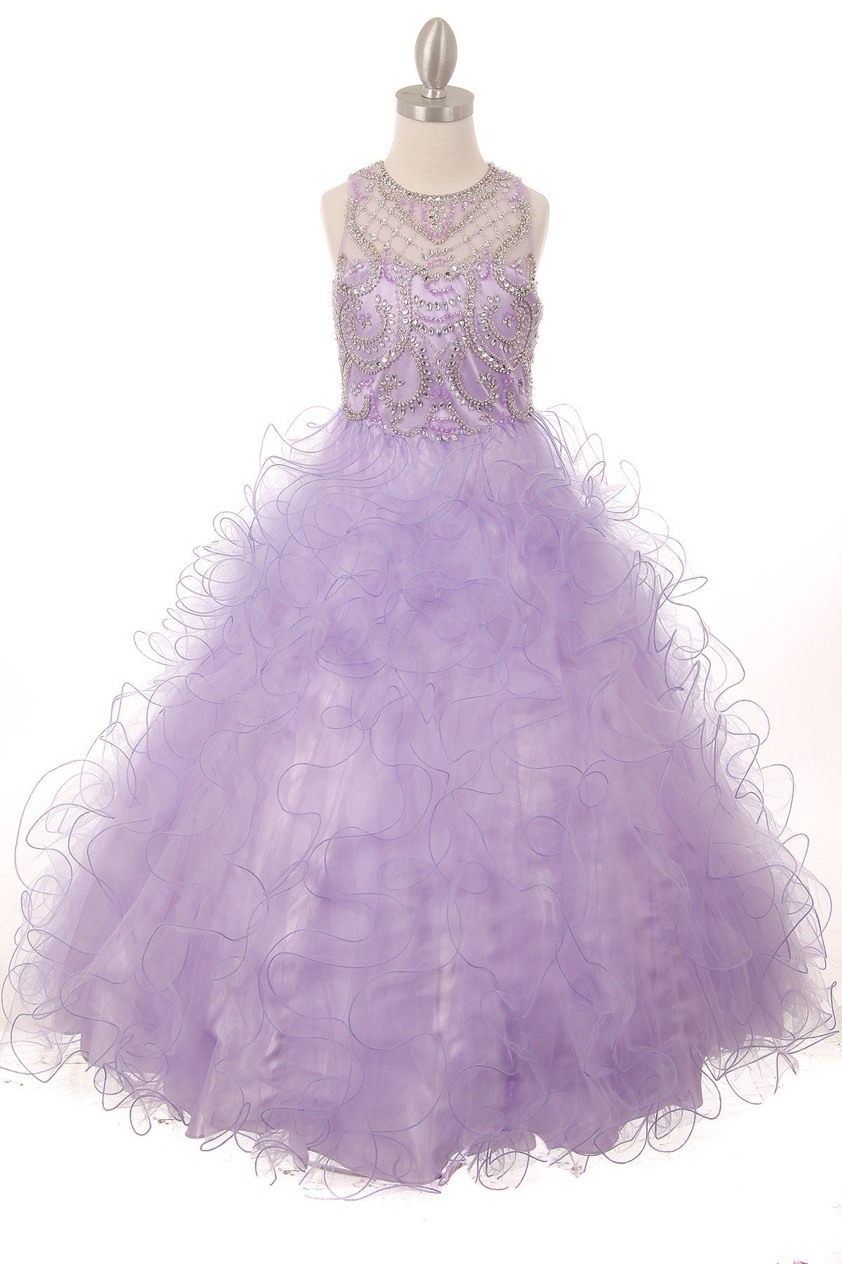 Girls long lilac dress with an illusion neckline, rhinestone beaded bodice and tulle ruffle ball gown skirt.
