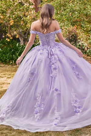 lavender floral off shoulder ball gown