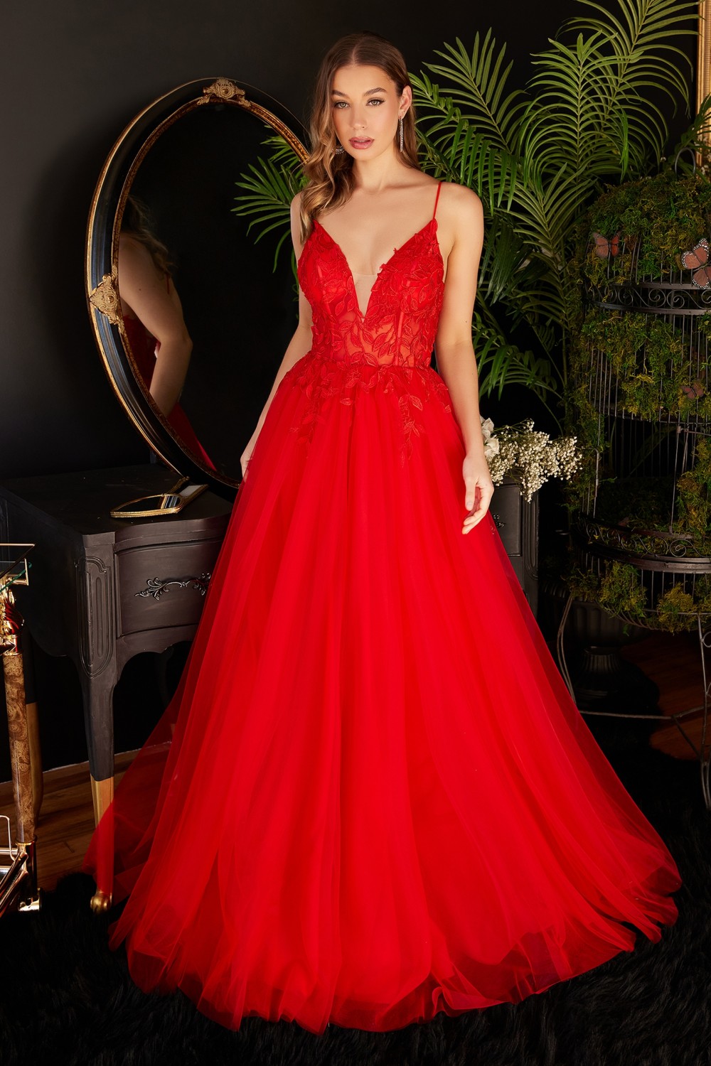 Floral lace plunging neckline gown