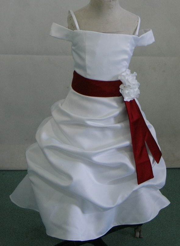white satin gown with apple red sash