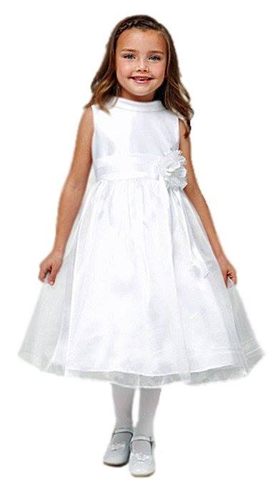 Tea length white toddler dress with flower sash