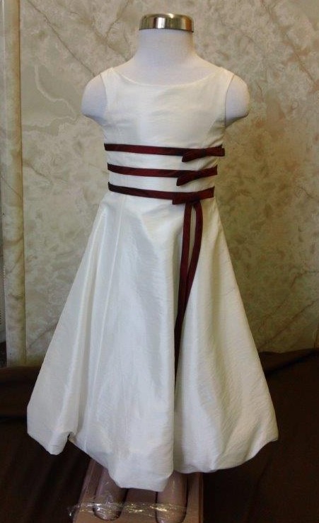 long ivory dress with merlot ribbons