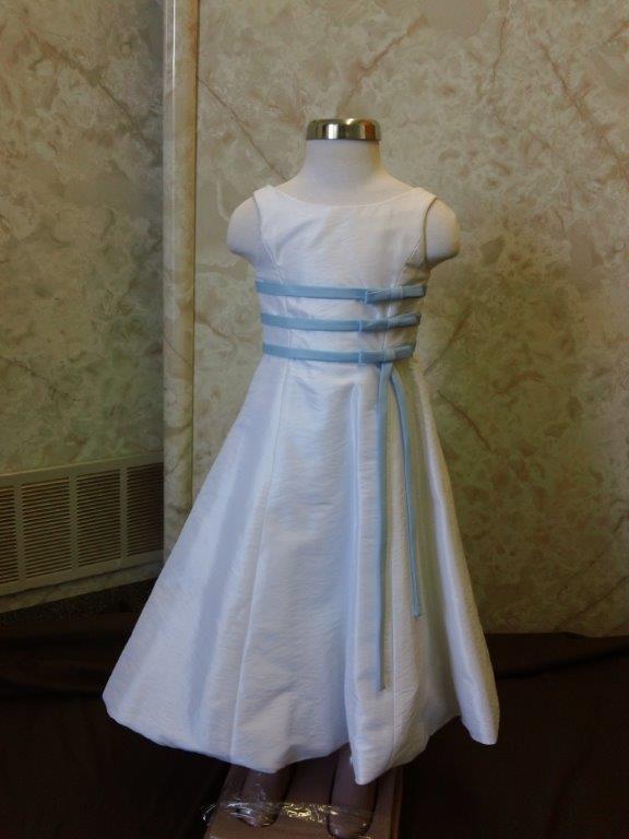 long white dress with baby blue ribbons