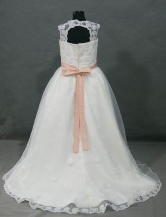 white lace dress with train and apricot sash