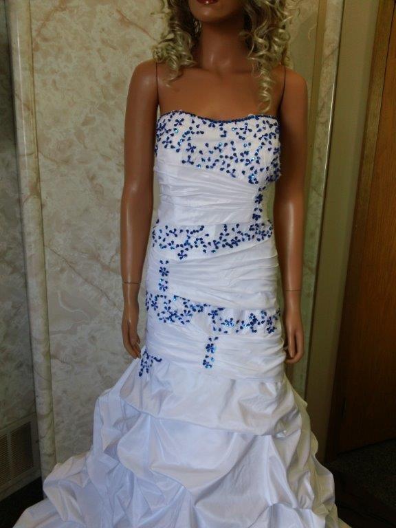 white and blue strapless pickup wedding gown