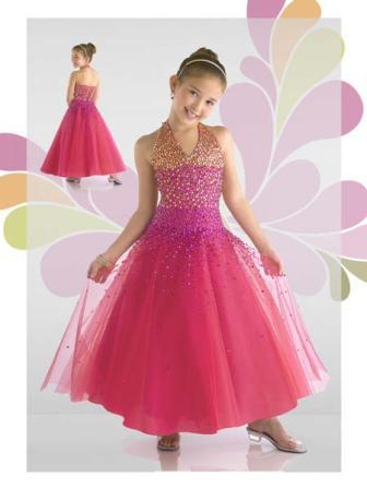 Little girls sequined halter pageant gown