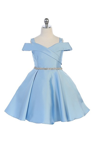 light blue off the shoulder knee length dress, rhinestone trim at waist and two large pockets.