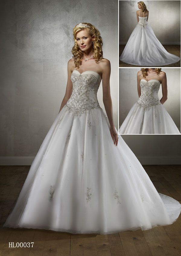 sweetheart strapless neckline with embroidery overlaying the bodice