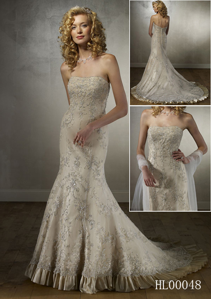 richly embroidery strapless wedding dress