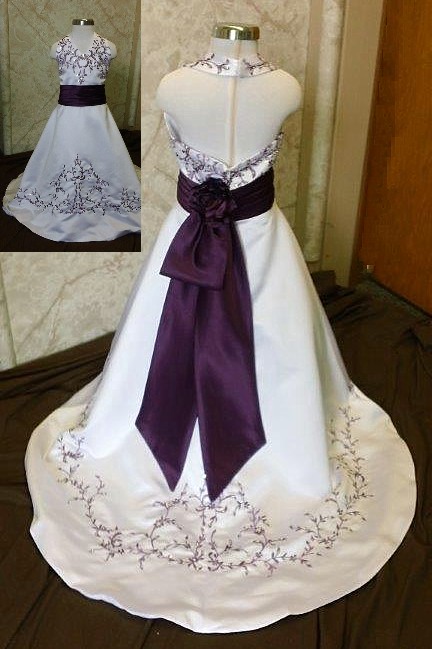 white and grape flower girl dress