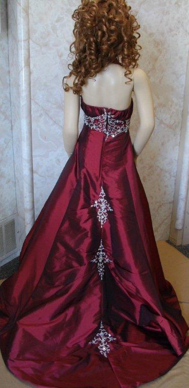 Long burgundy pageant dress with train
