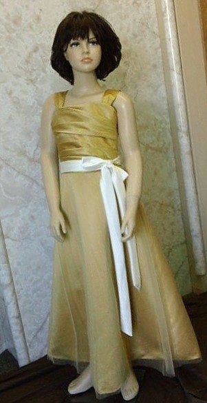 Girls long gold dress sale.  Long dress with ivory sash, pleated bodice and tulle overlay.  Girls Size 8 is on sale for $40.