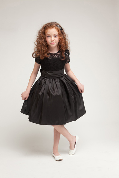 Girls black lace dress, short sleeve, knee length, on sale at $40.