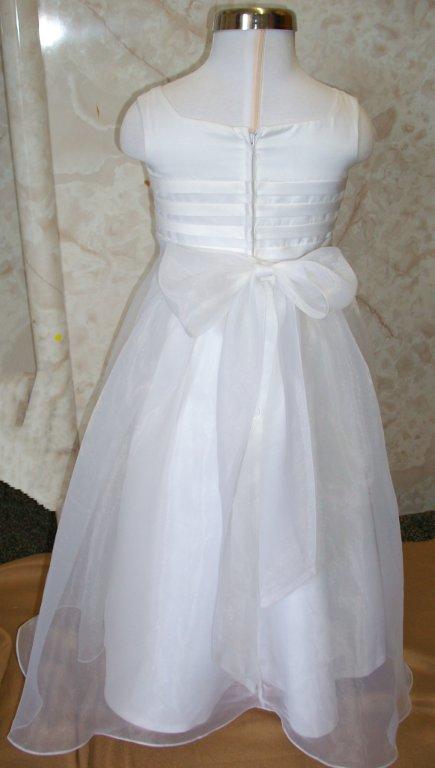 White Organza tank dress with banded embroidered bodice, soft flowing skirt, bow on back