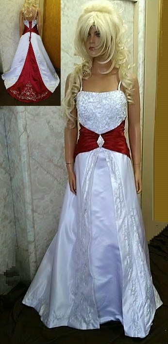 wedding gown with red trim