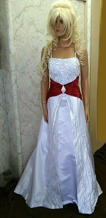 wedding gown with red trim