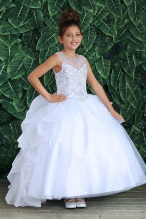 White ball gown with a sweetheart beaded bodice, open back, A-line skirt with ruffled sweep train, and a lace-up corset back.
