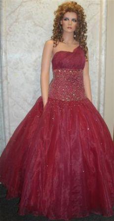burgundy one shoulder prom gown