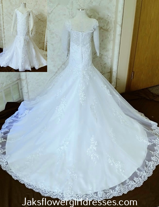 white flower girl dress with lace train