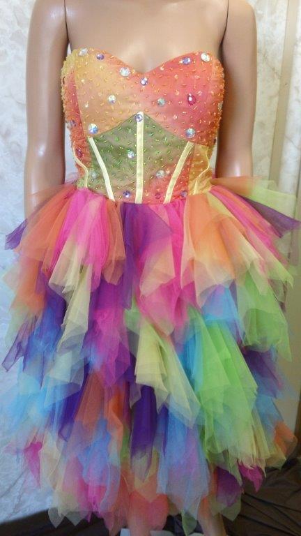 Short rainbow colored fun fashion pageant dress