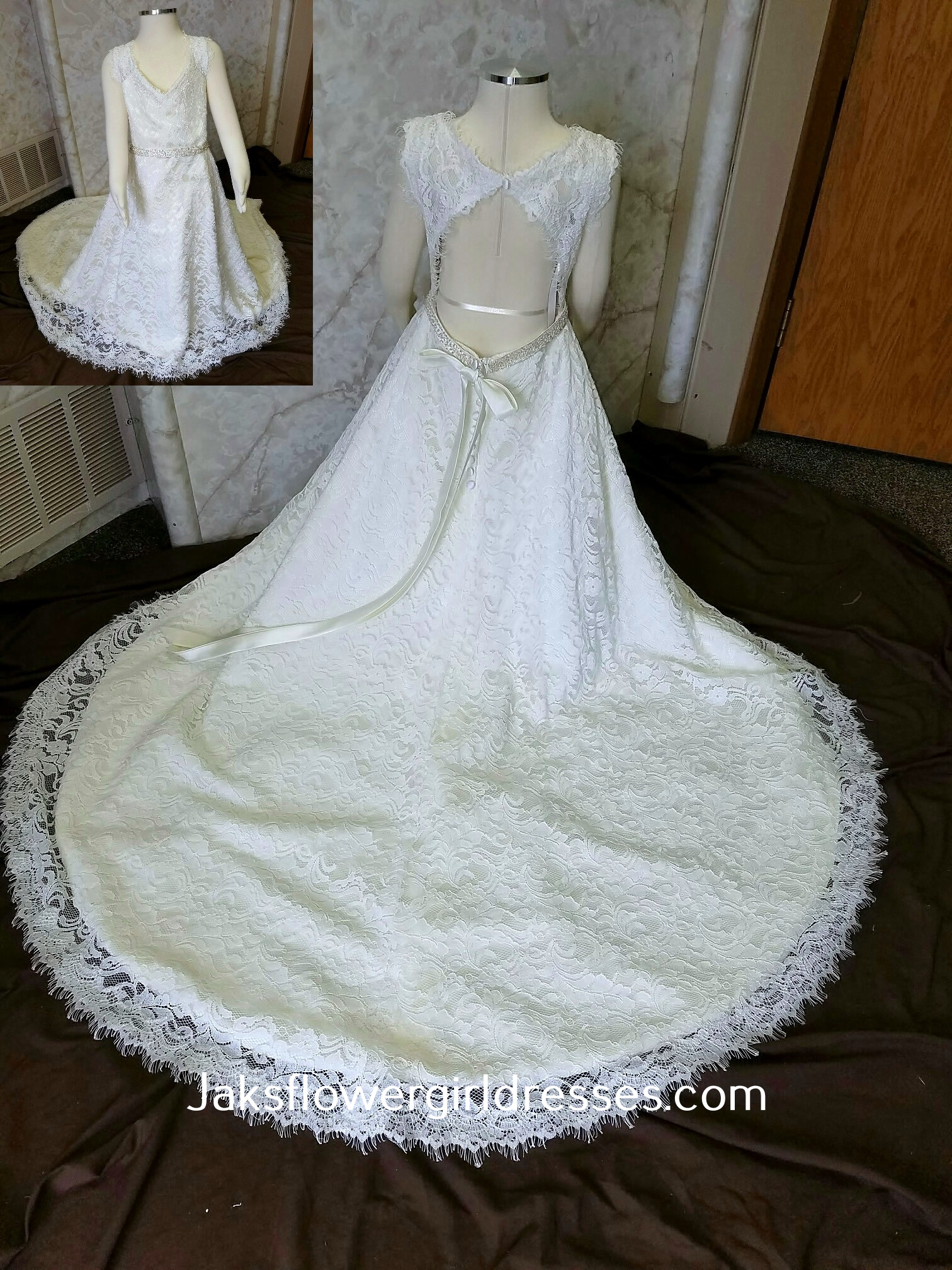 lace flower girls dress with beaded sash