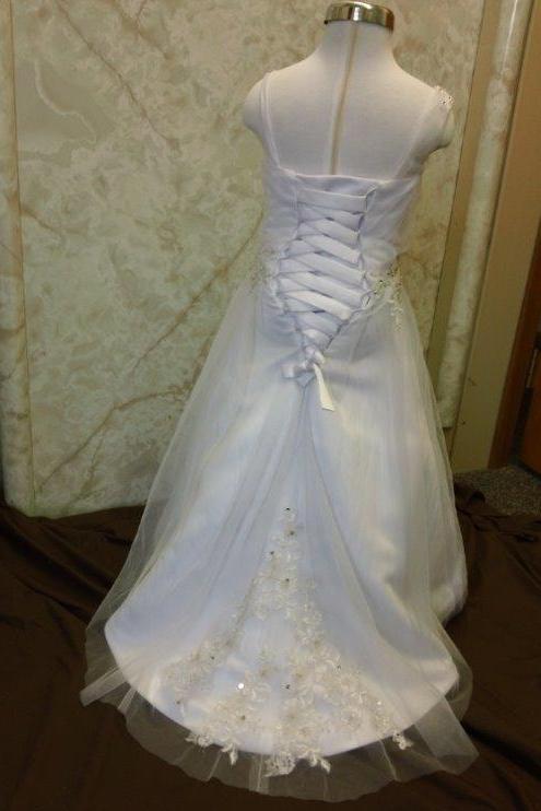  white sheer shoulder infant wedding dress