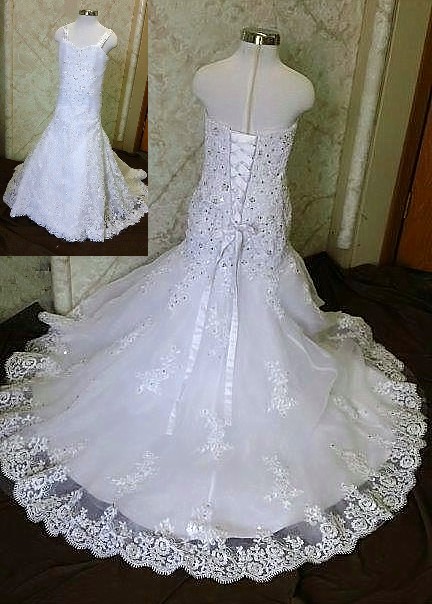 Beaded lace trumpet baby wedding dress with train. Sweetheart infant replica matches of brides gown.