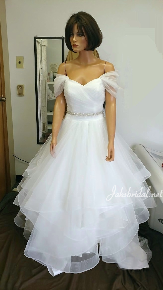 Soft off shoulder wedding dress with layered horsehair skirt