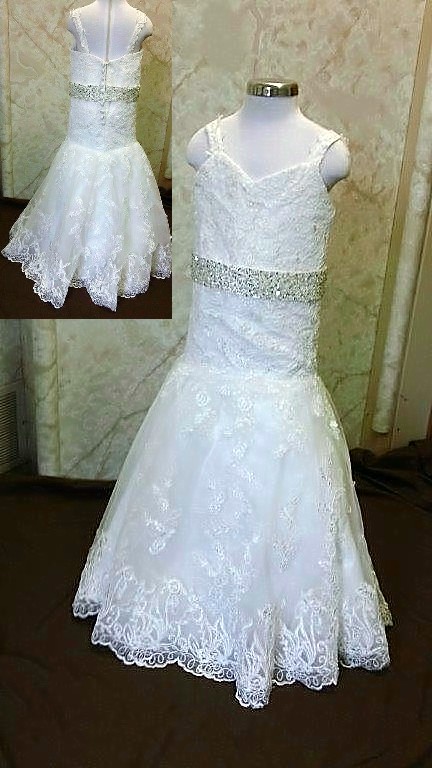 Lace mermaid flower girl dress, size 6, sale.  Lace dress with sequin attached sash,and lace hem.