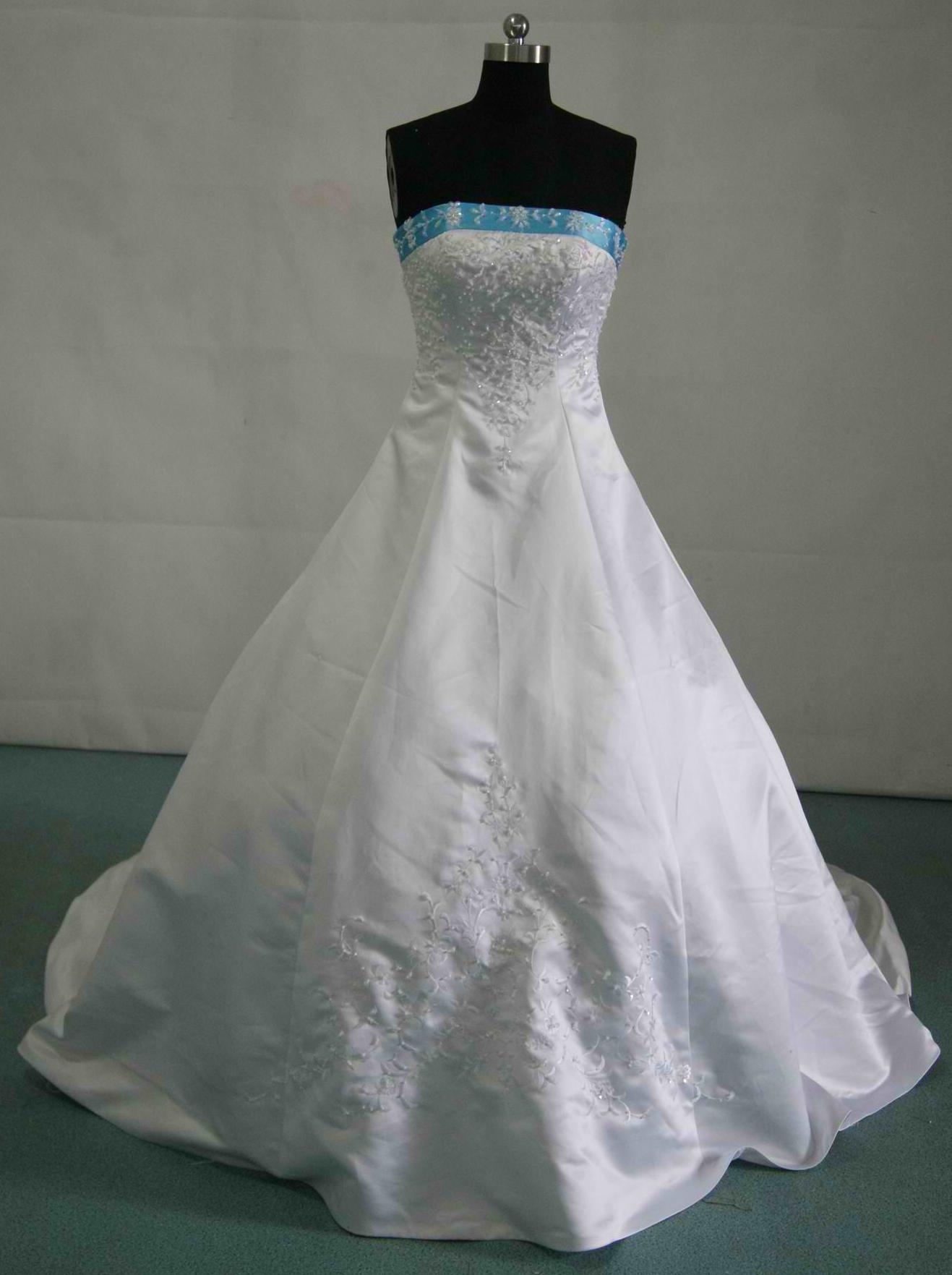 white and pool blue wedding gown